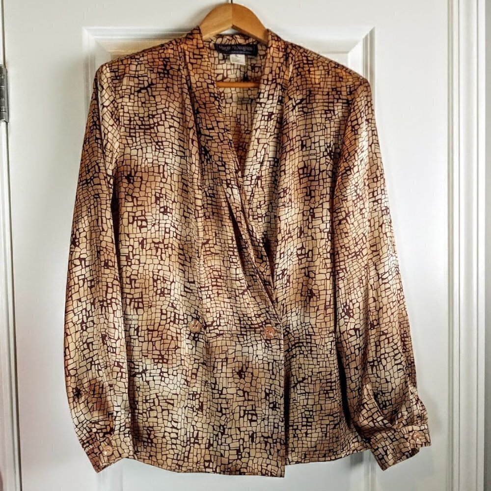 Vintage Maggie McNaughton Giraffe Print Double-Breasted Satin Blouse